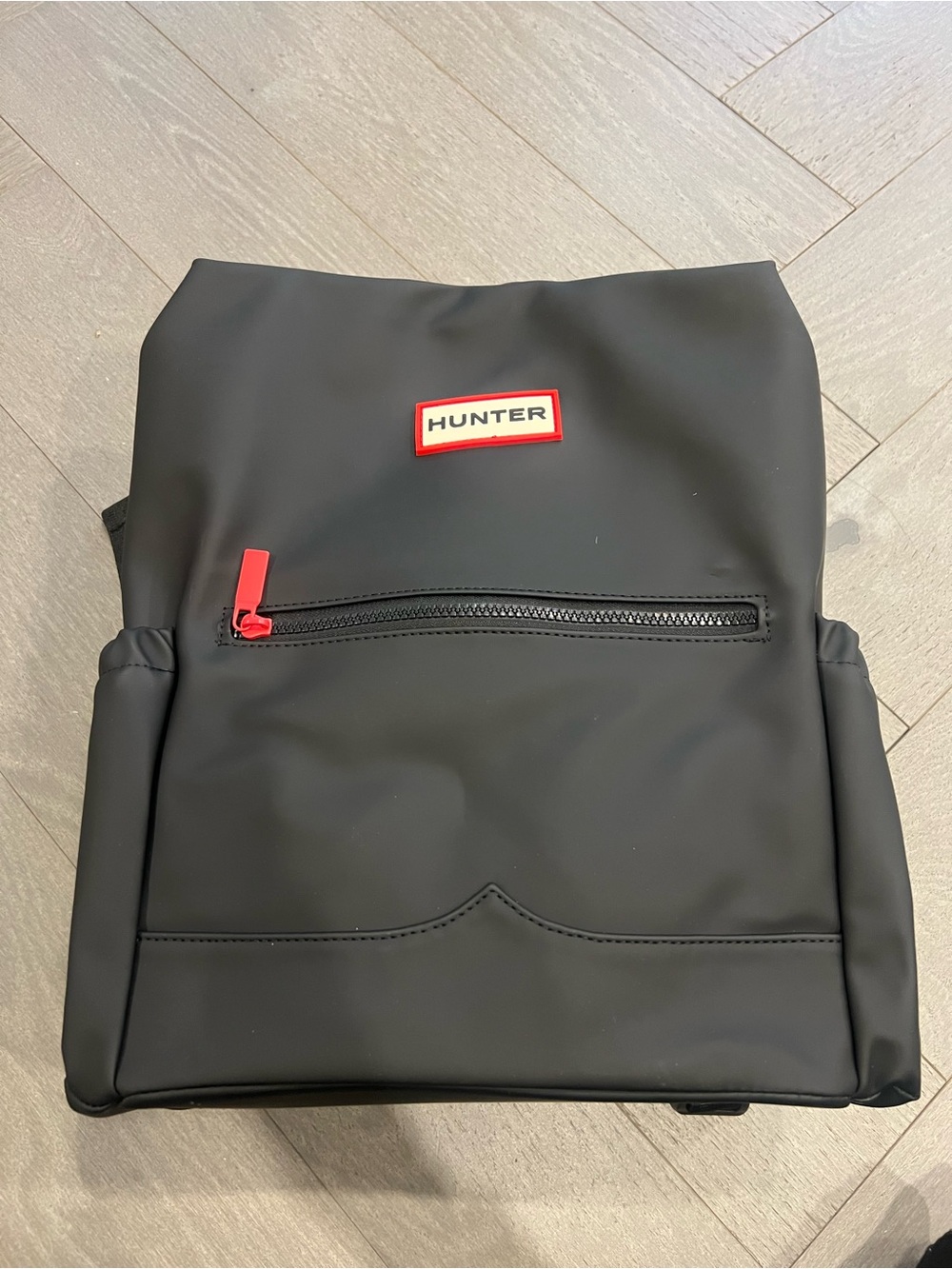 Hunter Black Backpack with Red Logo and Zipper